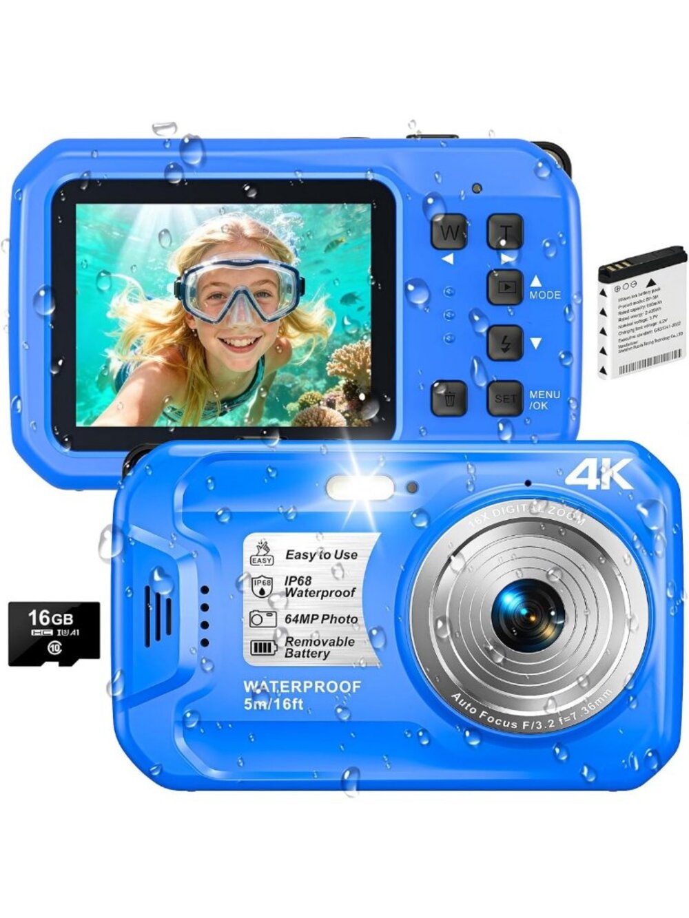 4K Waterproof Underwater Camera, 64MP Compact, 16FT Depth, 16GB Card Included